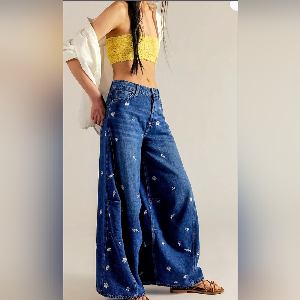 FREE PEOPLE WESTWARD SEASHELL NWT $198 Wide-Leg Jeans